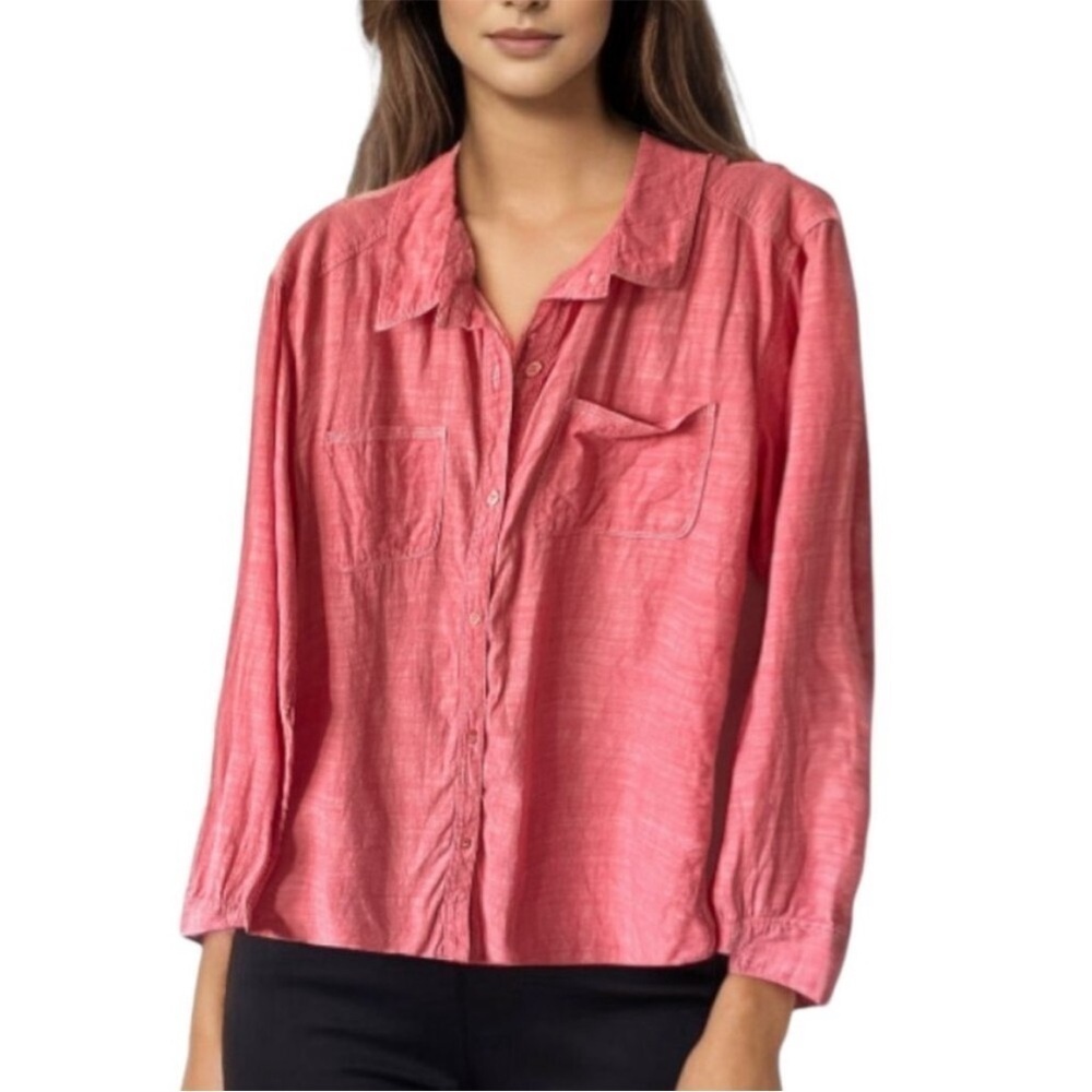 Free People Slubby Road Trip Lace Crochet Back Button Down Shirt Size XS Pink